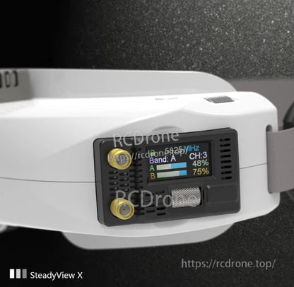 SteadyView X module installed in FPV goggles bay showing on-screen band/channel readout
