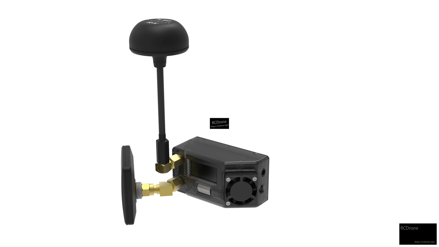 STVX SteadyView X receiver module shown with two antennas attached (patch and stubby)