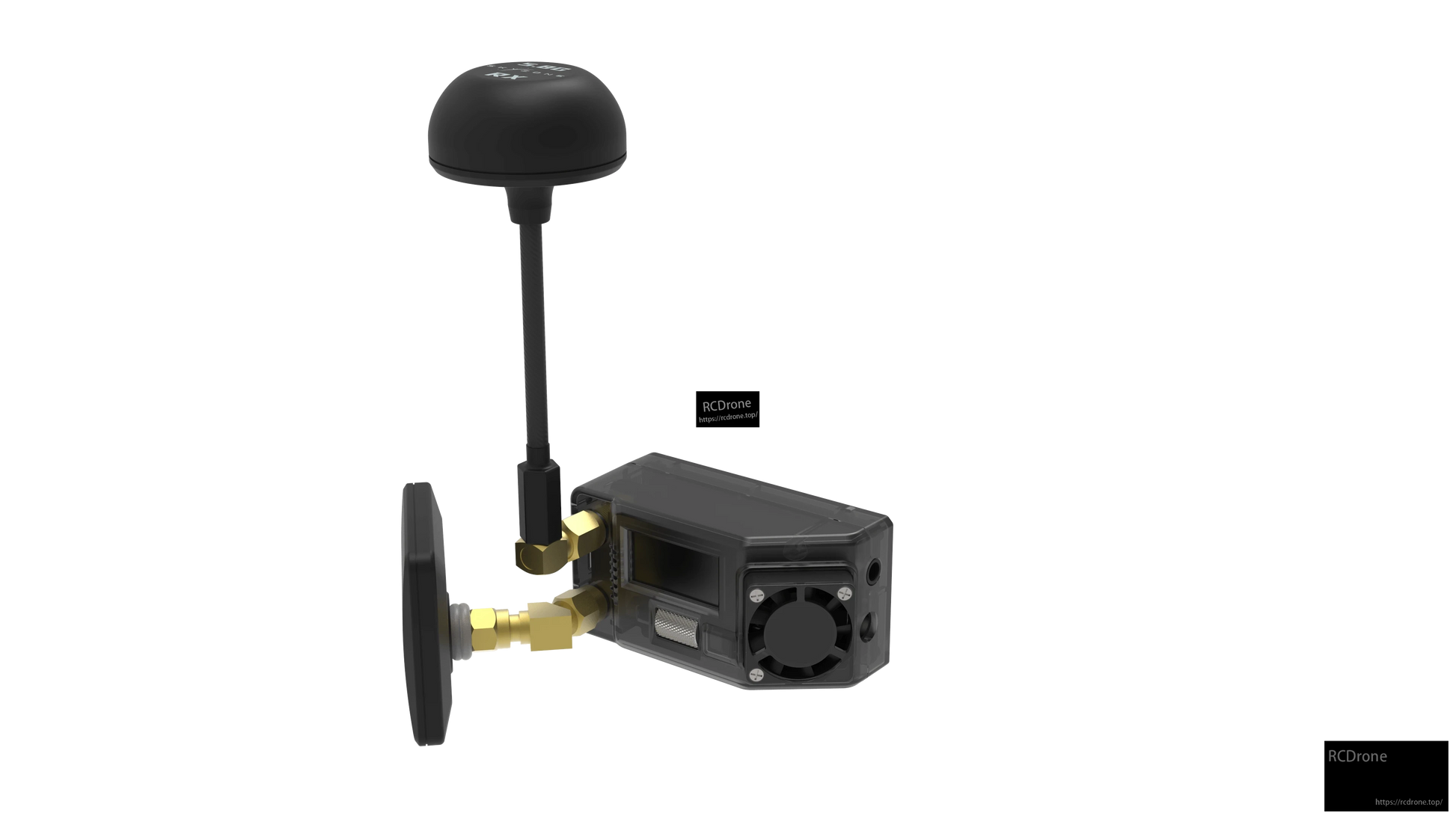 STVX SteadyView X receiver module shown with two antennas attached (patch and stubby)