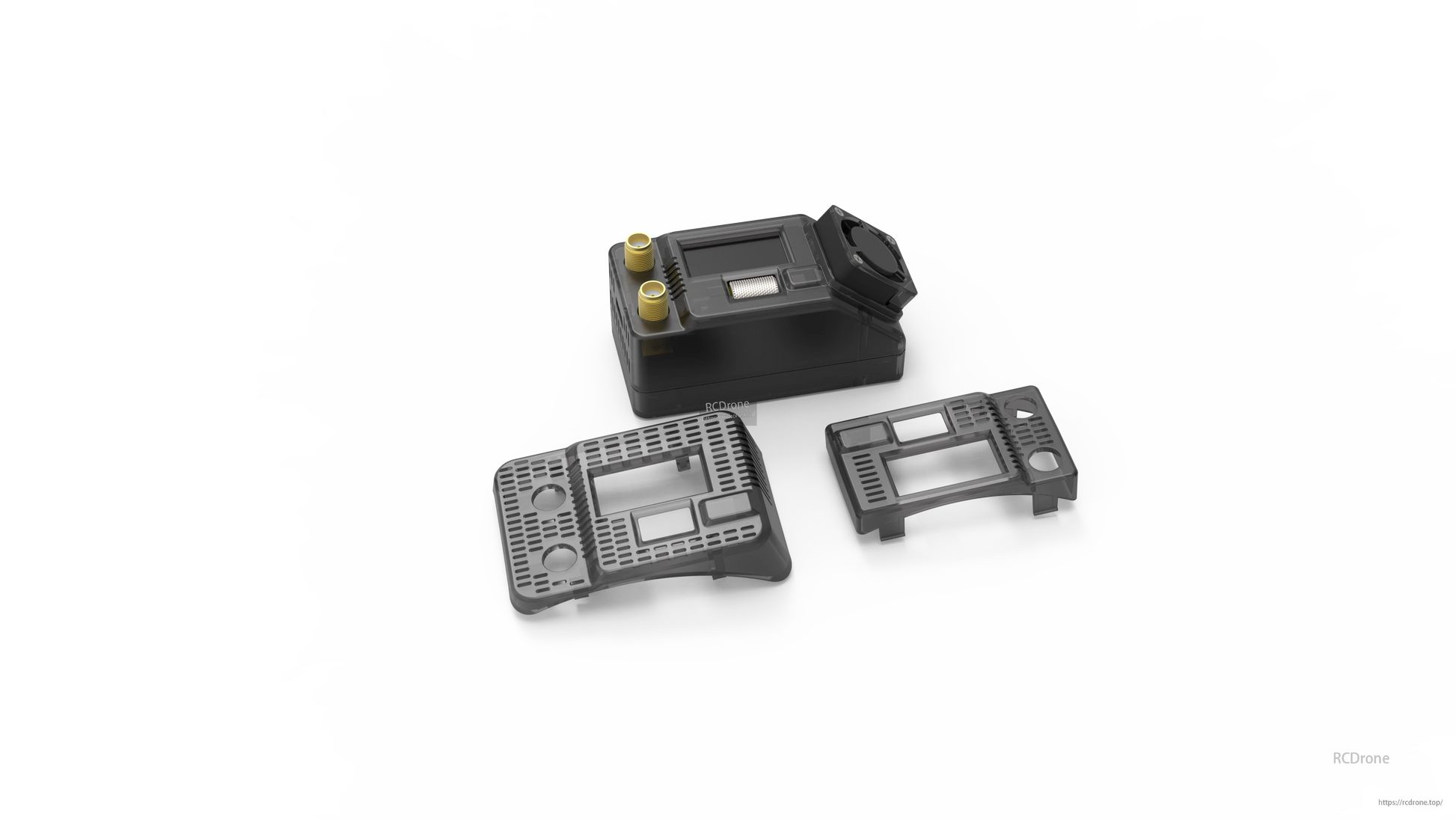 Receiver module with two adapter faceplates shown side by side for different goggle bay fitments