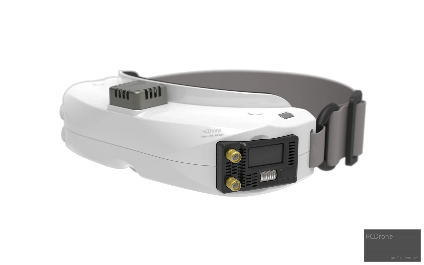 FPV goggles rear view with SteadyView X receiver module seated and two SMA antenna connectors exposed