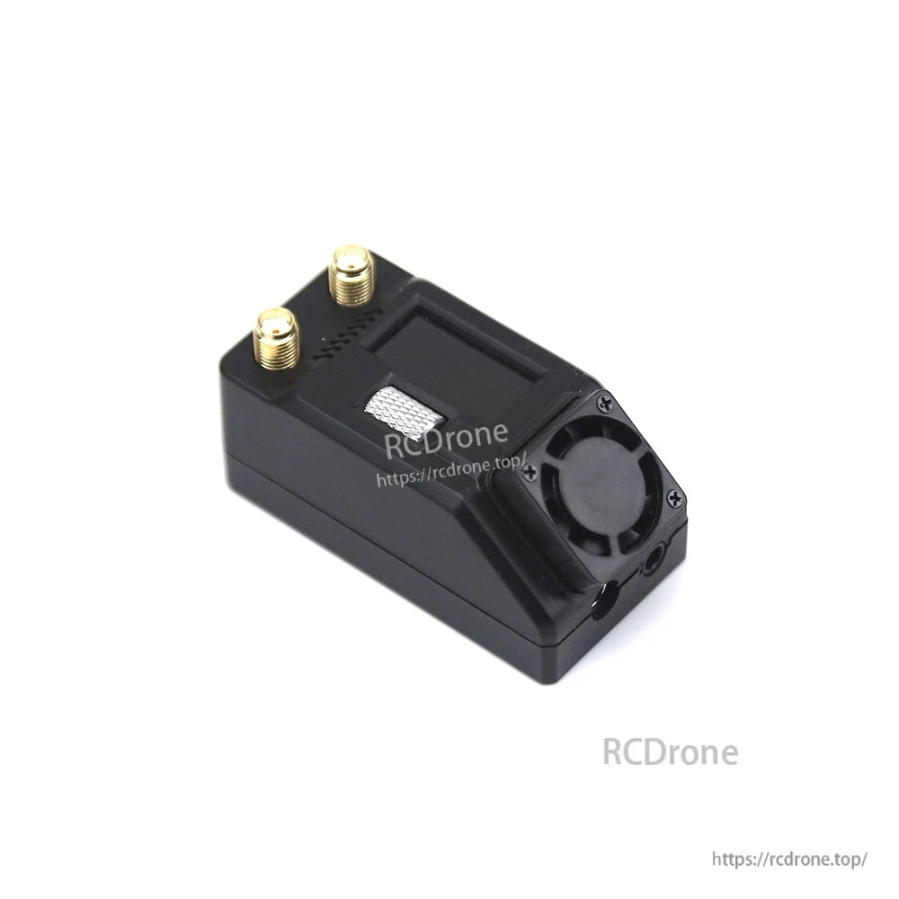 Angled top view of receiver module showing OLED screen window, metal dial wheel and cooling fan