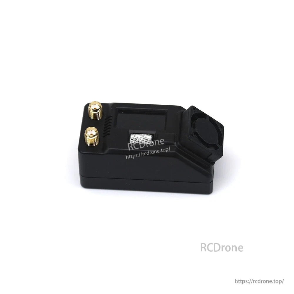 Receiver module front corner view highlighting dual SMA antenna connectors and cooling fan shroud