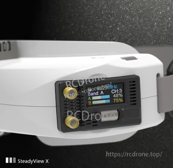 Close-up of SteadyView X module bay showing IPS status screen, scroll wheel, and dual SMA antenna ports