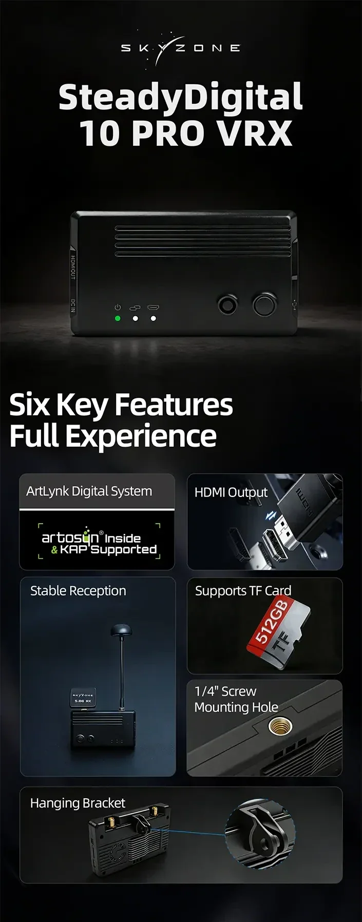 SKYZONE SteadyDigital 10 PRO VRX product overview highlighting ArtLynk digital system, HDMI output, TF card support, and 1/4-inch mount
