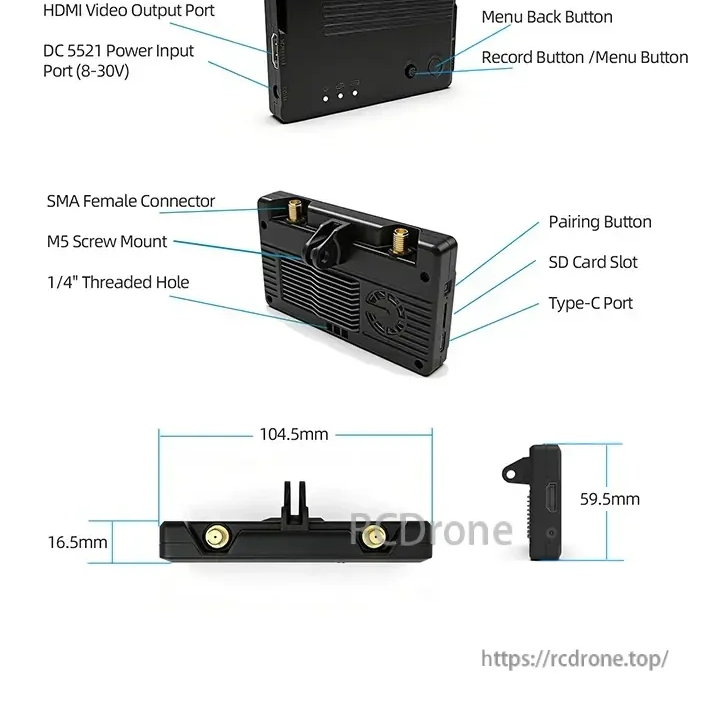 SteadyDigital 10 PRO VRX labeled ports and dimensions showing HDMI out, DC input, SD card slot, Type-C, dual SMA, and 104.5 mm length