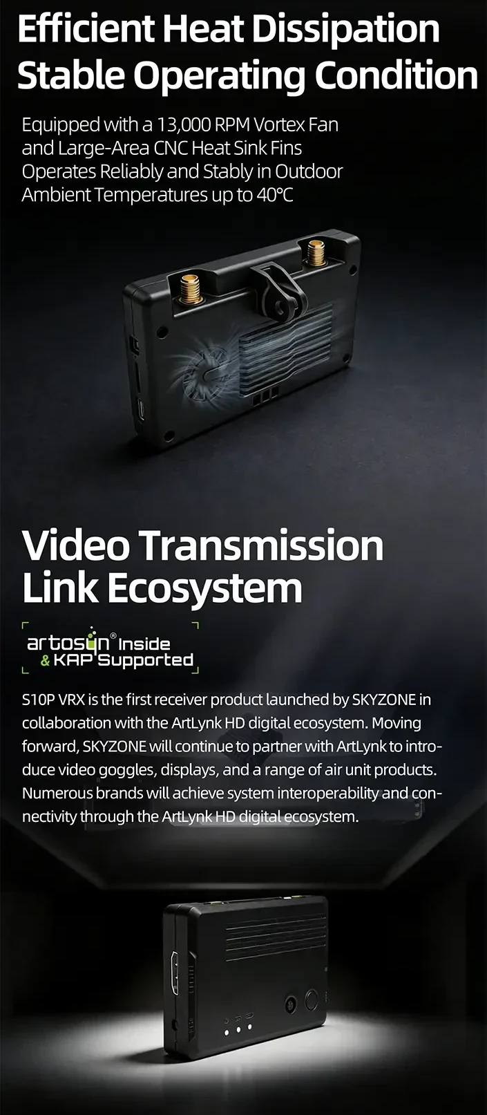 Cooling and ecosystem graphic showing SteadyDigital 10 PRO VRX with heat-sink fins, fan airflow, and ArtLynk digital link branding