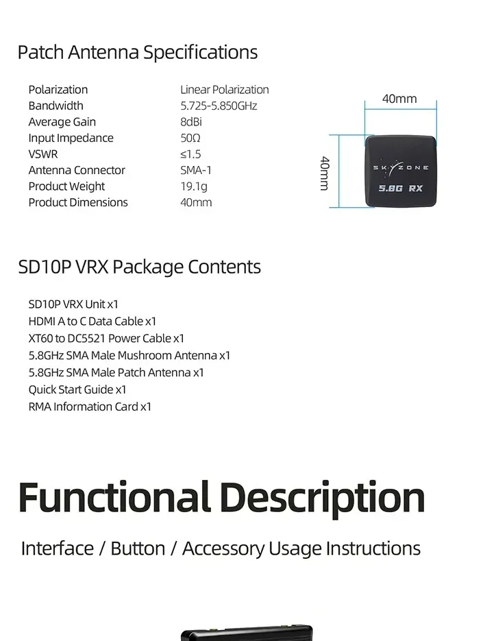 Patch antenna specifications and SD10P VRX package contents list with included cables, antennas, quick start guide, and RMA card