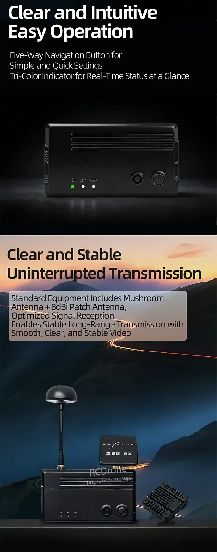 Receiver control and antenna graphic showing five-way navigation button, tri-color status indicator, and included mushroom and patch antenna