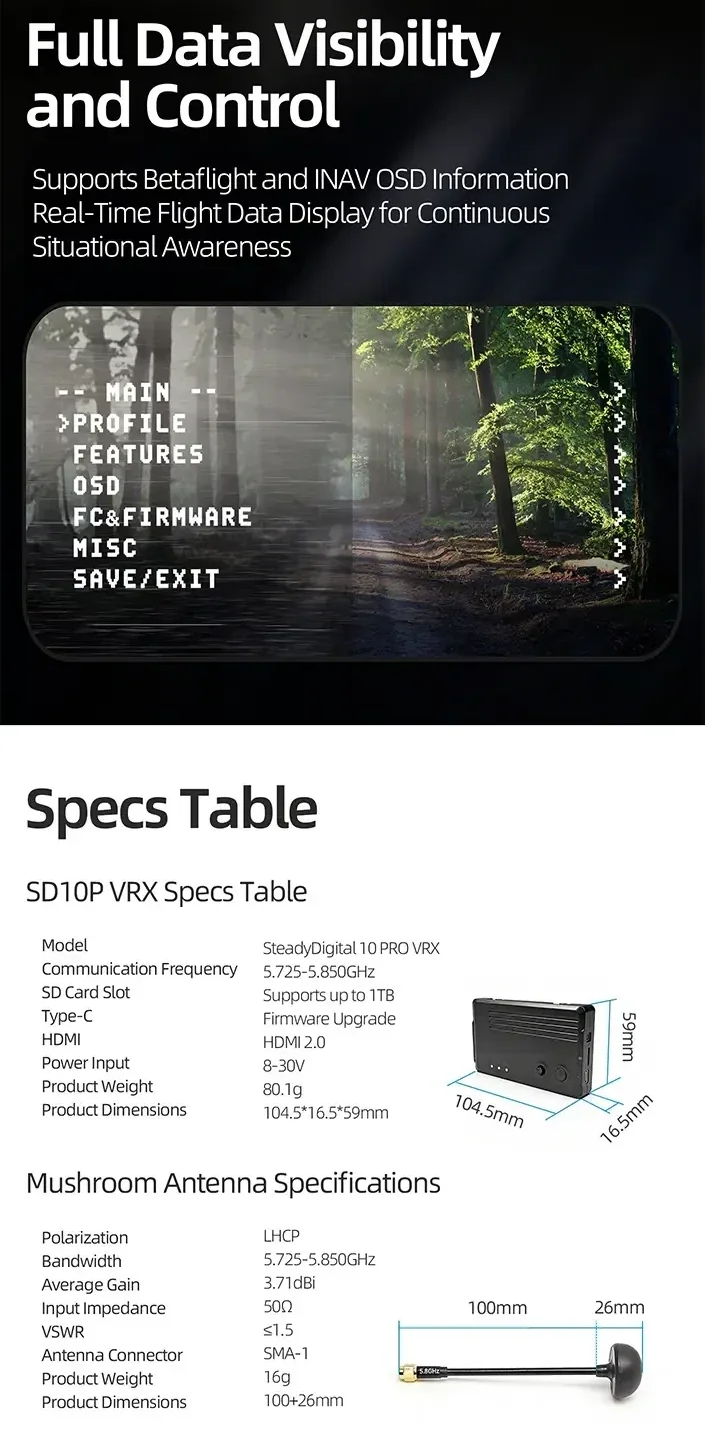 SteadyDigital 10 PRO VRX specs table graphic listing frequency range, HDMI 2.0, Type-C upgrade, dimensions, and mushroom antenna specs