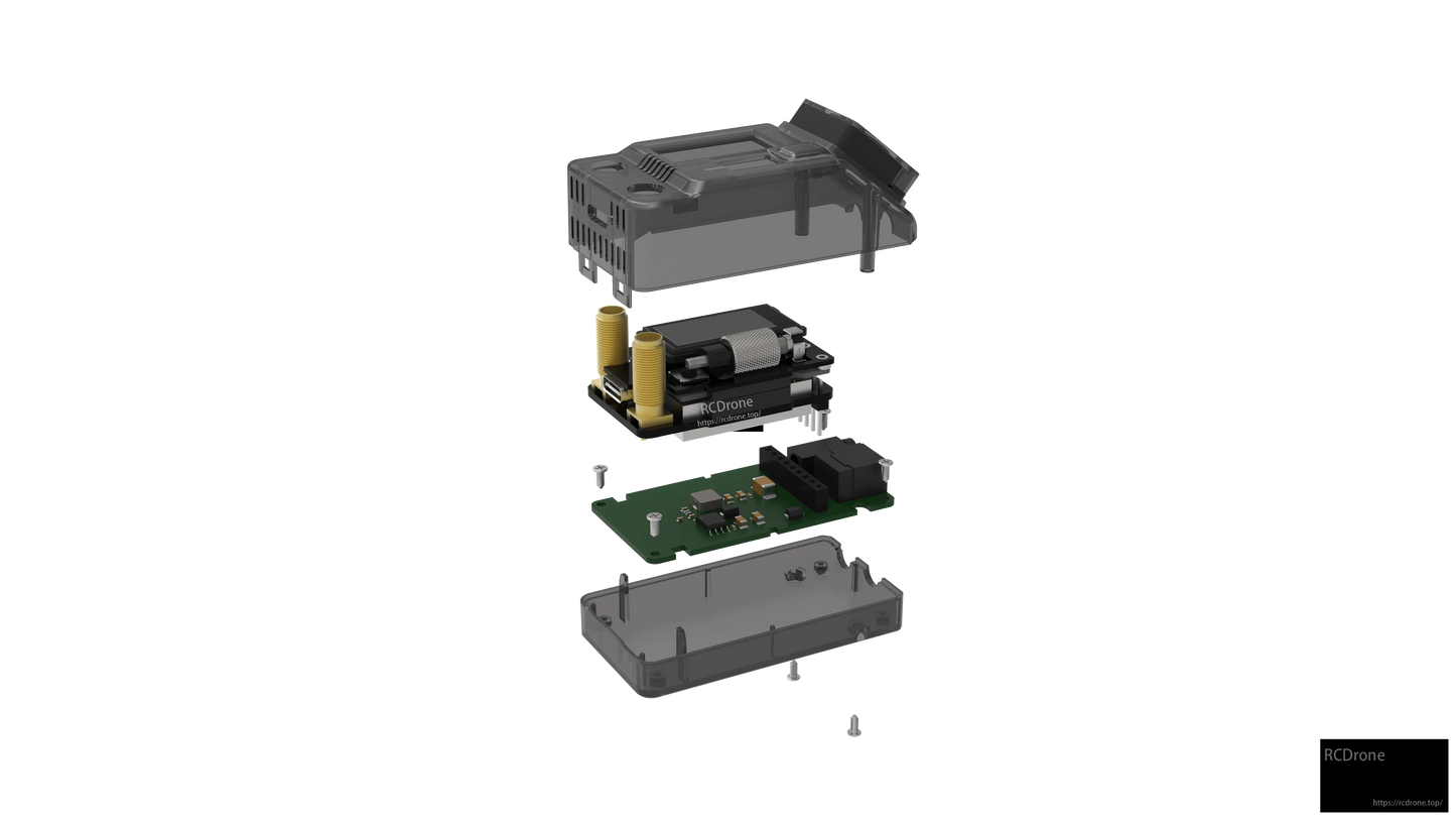 Exploded view diagram of receiver module showing top and bottom shells, internal circuit boards, connectors and screws