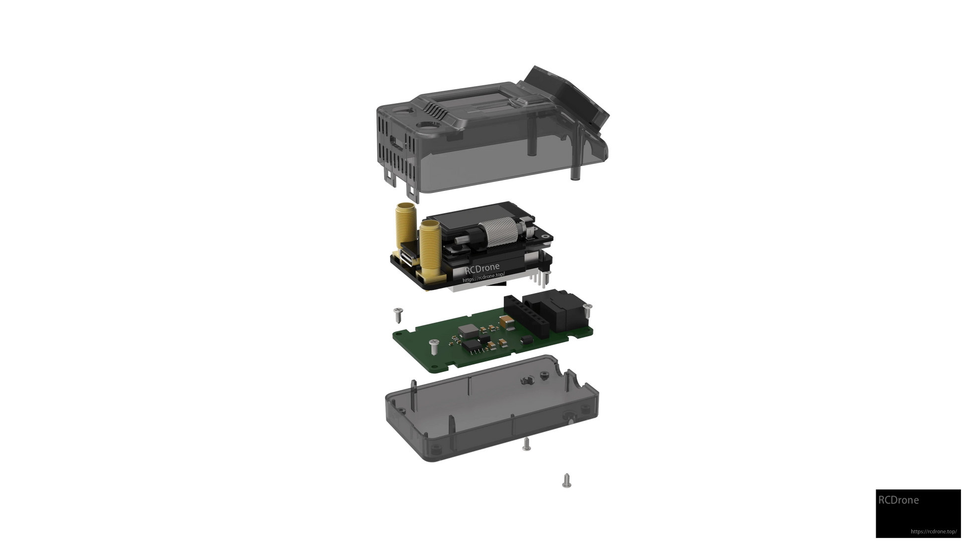 Exploded view diagram of receiver module showing top and bottom shells, internal circuit boards, connectors and screws