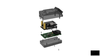 Exploded view diagram of receiver module showing top and bottom shells, internal circuit boards, connectors and screws