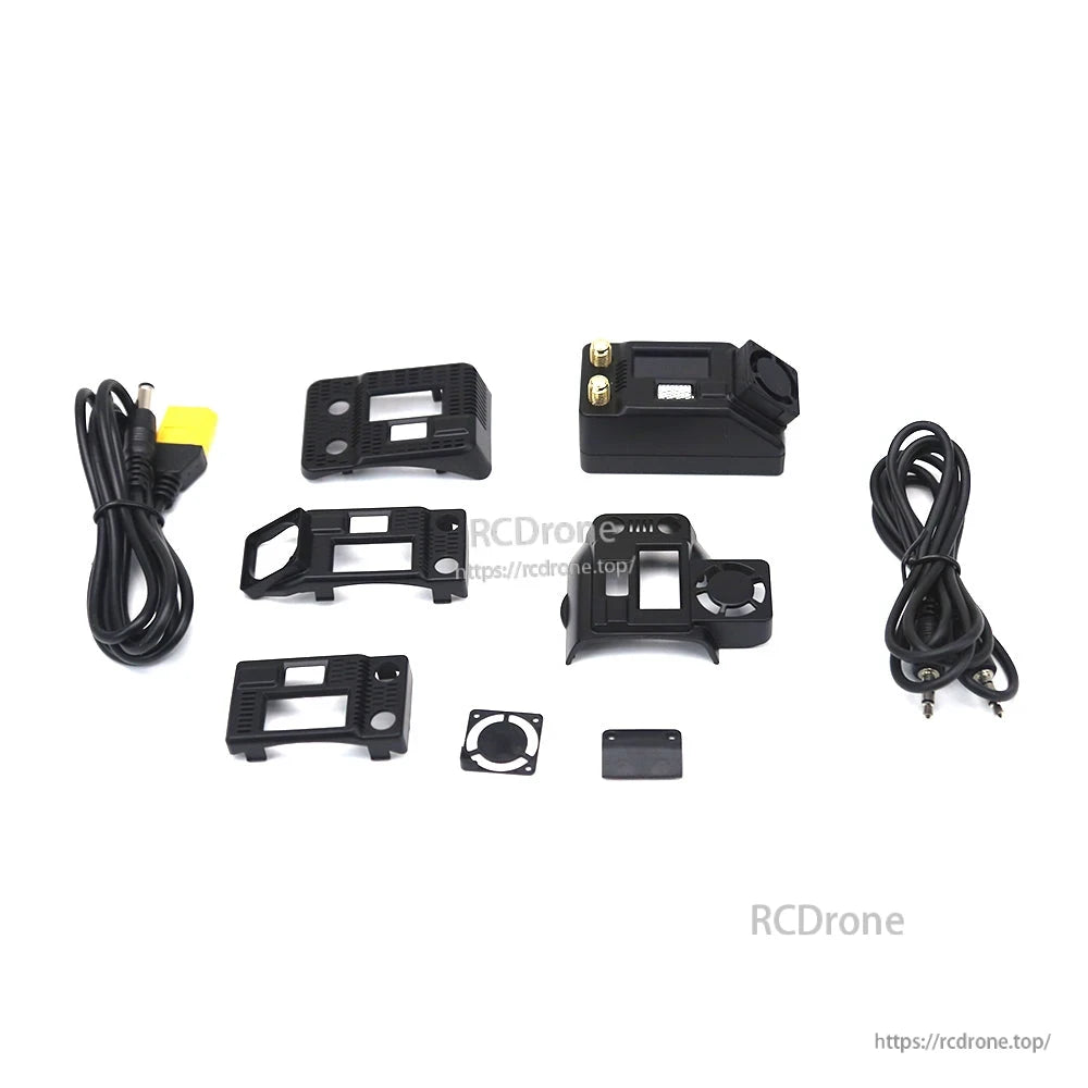 Accessory layout with receiver, multiple faceplate shells, mounting parts and power/AV cables on white background