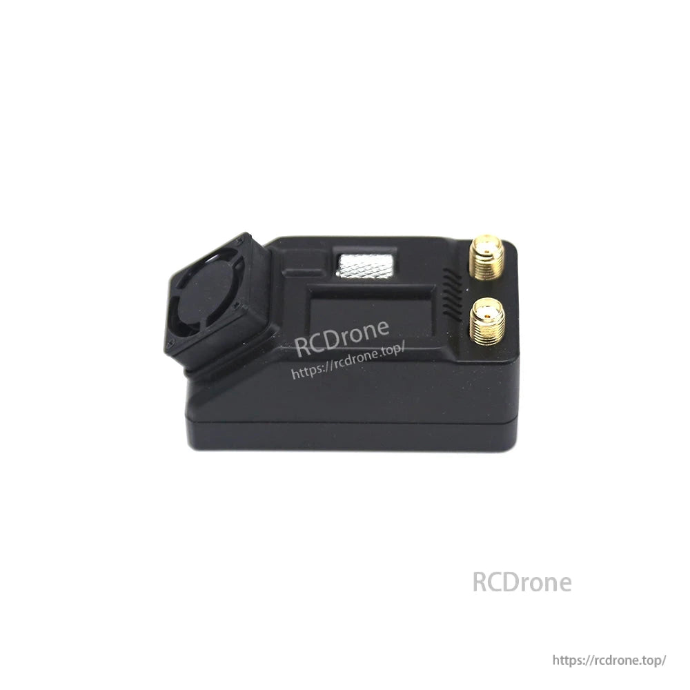 Side profile of the SteadyView X receiver module showing dual SMA connectors, screen window and fan housing