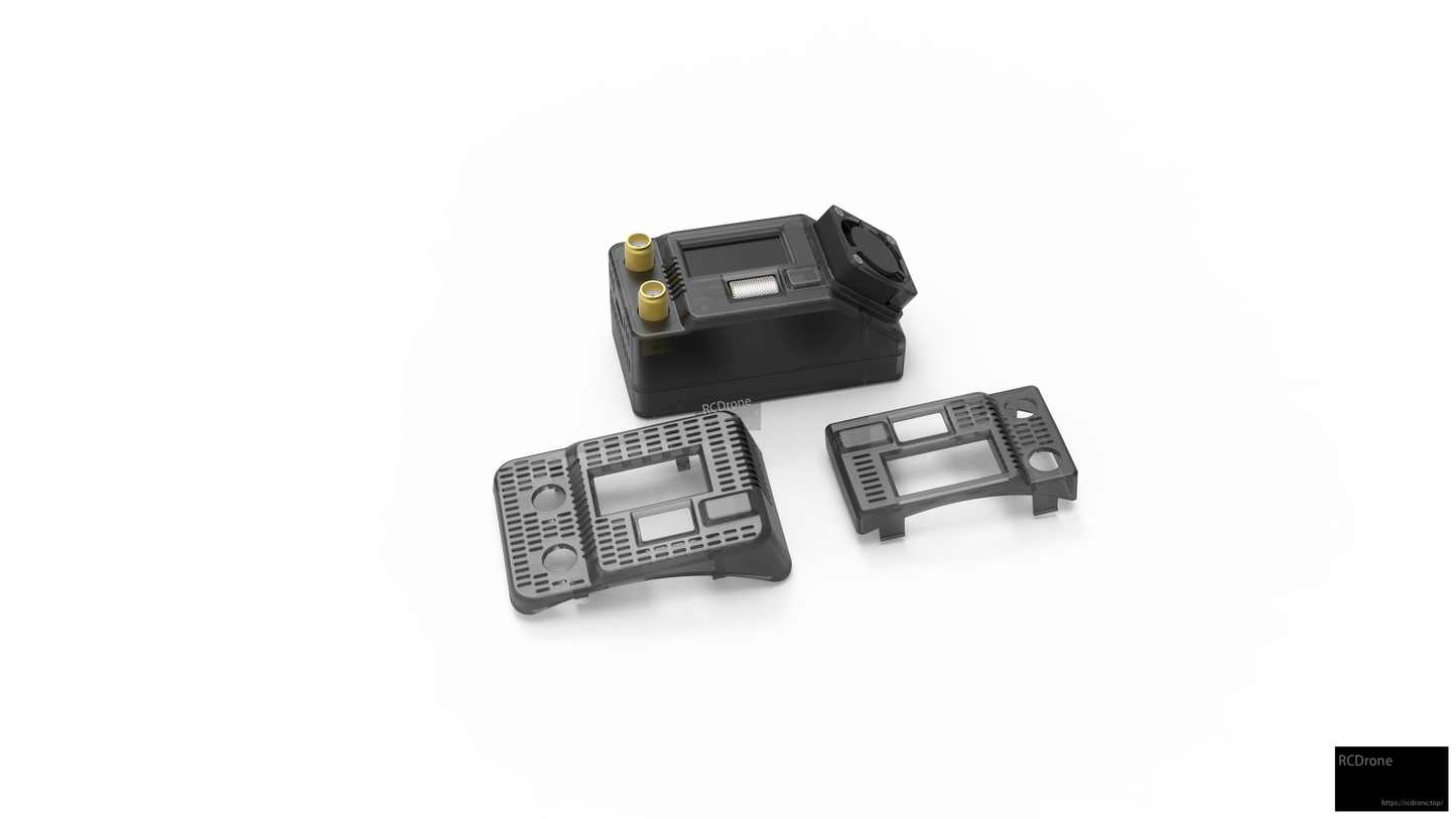 Receiver module with interchangeable front and rear faceplates shown beside it, modular housing pieces