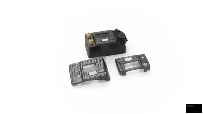 Receiver module with interchangeable front and rear faceplates shown beside it, modular housing pieces