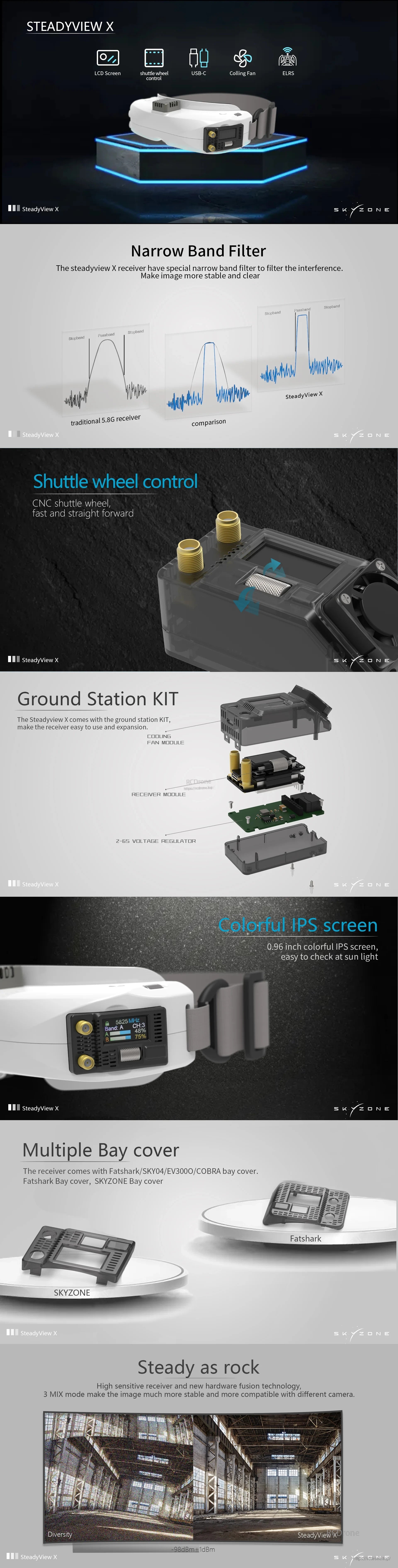 SteadyView X feature graphic highlighting narrow band filter, shuttle wheel control, ground station kit and IPS screen