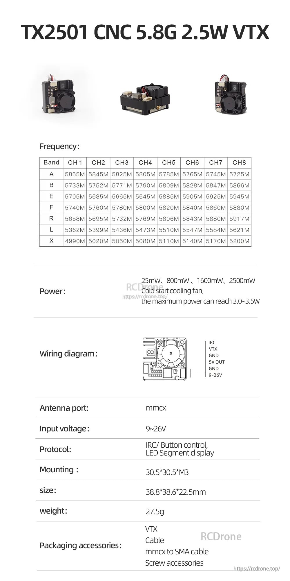 SKYZONE TX2501 CNC 5.8G 2.5W VTX frequency table for A/B/E/F/R/L/X bands plus key specs and wiring overview