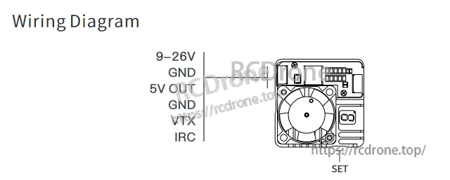 SKYZONE TX2501 CNC VTX wiring diagram showing 9–26V input, 5V out, VTX, GND and IRC pads plus SET button