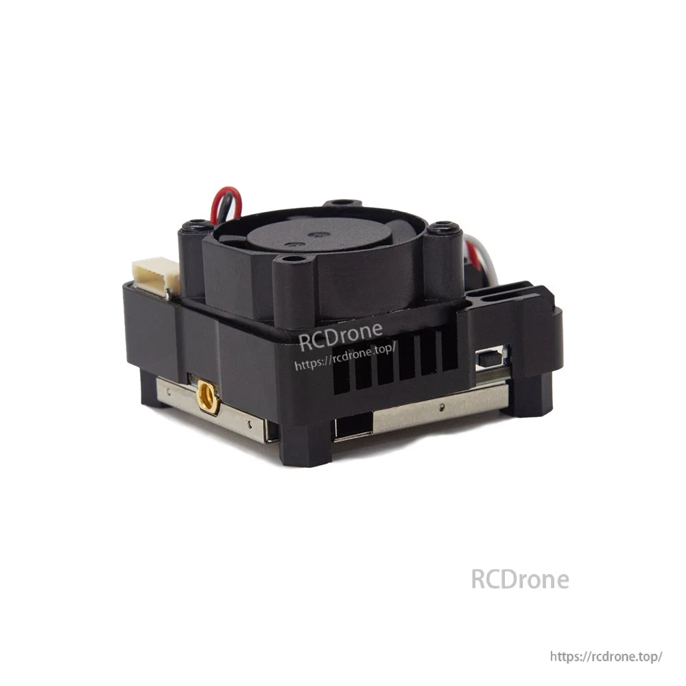 Low side view of VTX showing USB port opening, vented housing and metal base plate