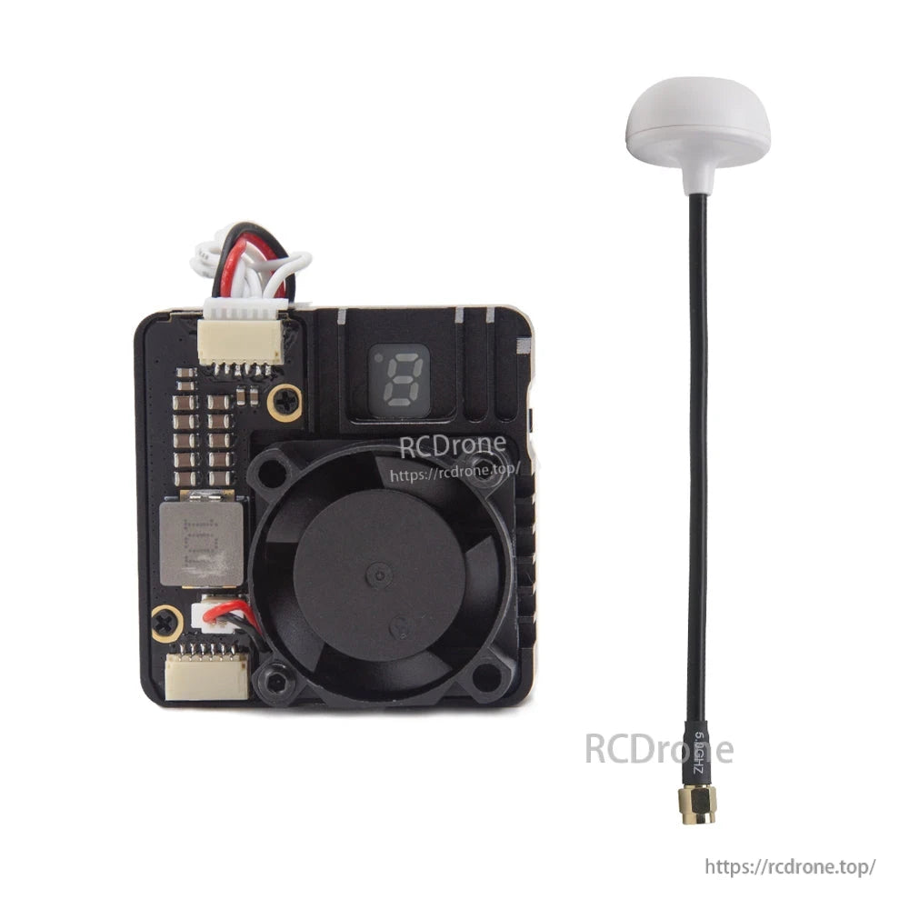 VTX module and white 5.8GHz mushroom antenna side-by-side, showing cable length and connector