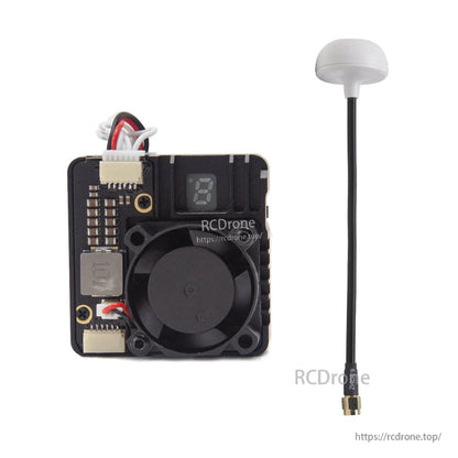 VTX module and white 5.8GHz mushroom antenna side-by-side, showing cable length and connector
