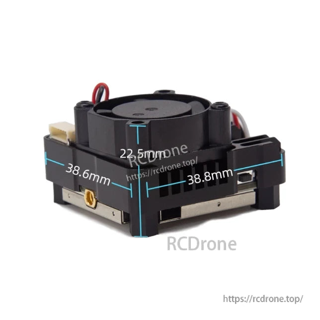 Side profile with dimensions overlay 38.6mm x 38.8mm x 22.5mm, shows USB port and antenna connector