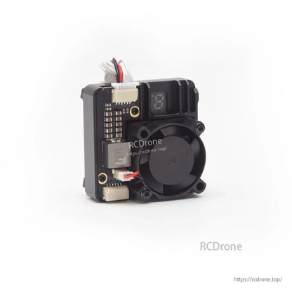 Angled front view of VTX with fan shroud, LED channel display window and two wiring connectors