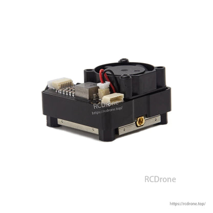 Rear-side angle showing wiring connectors and SMA antenna jack on the VTX metal base