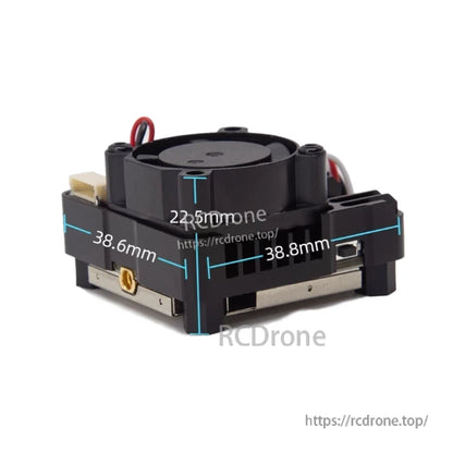 SKYZONE TX2501 CNC VTX size diagram showing 38.6mm x 38.8mm footprint and 22.5mm height