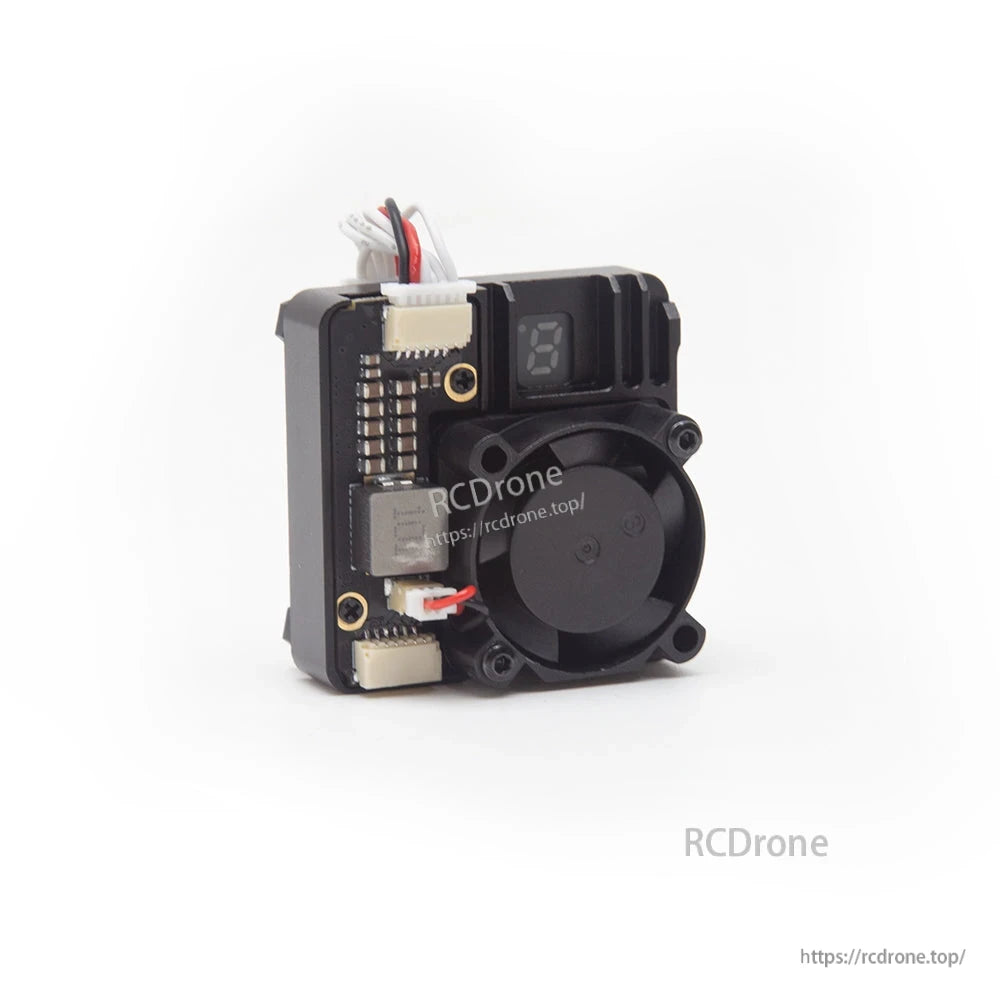Angled front view highlighting 7-segment display, wiring harness and plug connectors beside the fan