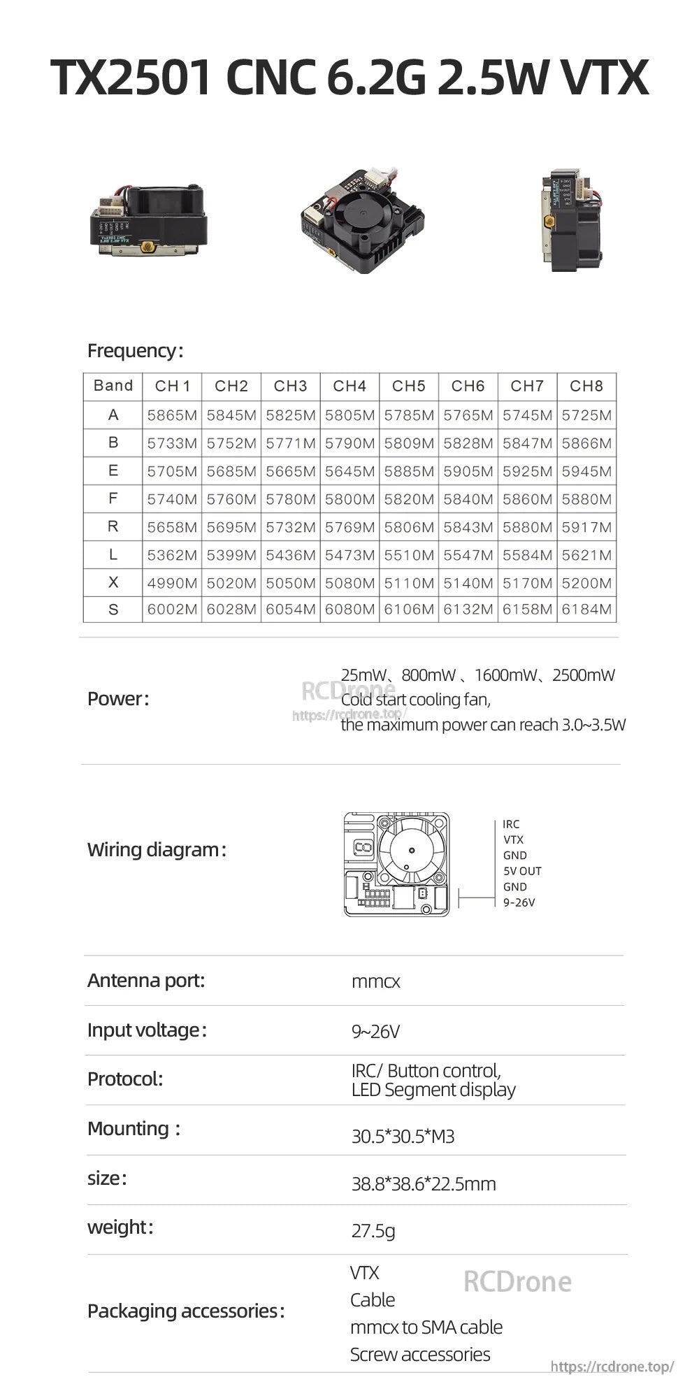 SKYZONE TX2501 CNC 6.2G 2.5W 64CH VTX overview with frequency table, wiring diagram, and cooling fan case