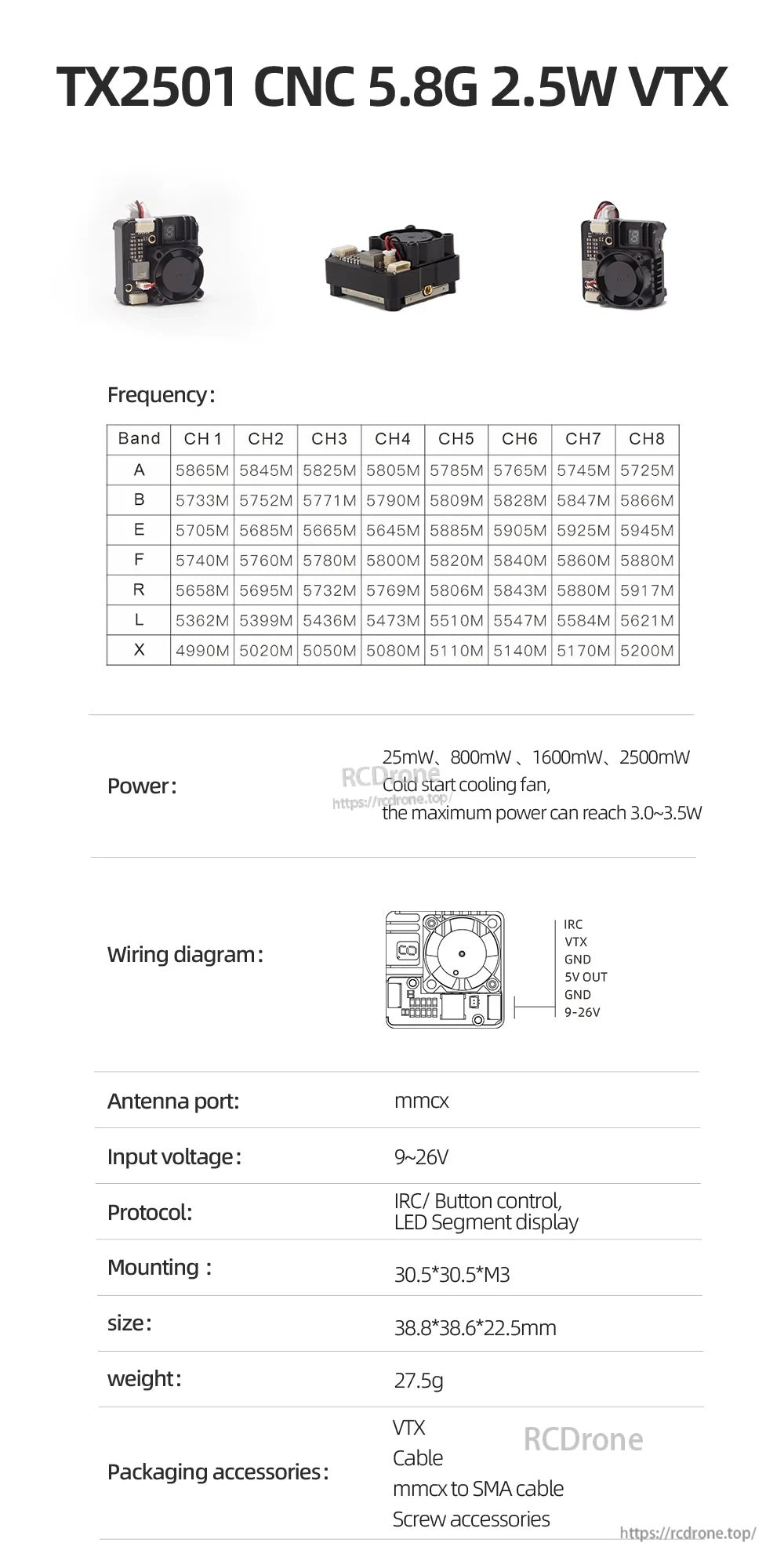 SKYZONE TX2501 CNC 5.8G 2.5W VTX spec sheet with band/channel frequency table and wiring notes