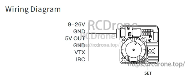 TX2501 wiring diagram with pads for 9–26V, GND, 5V OUT, VTX, IRC and SET button