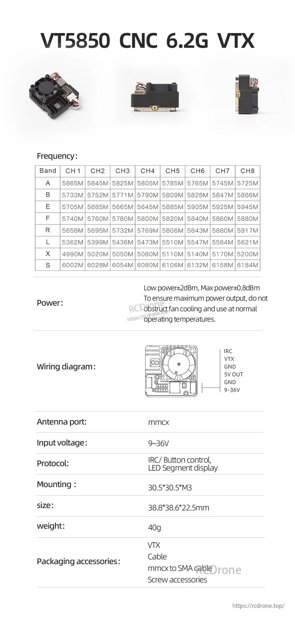 SKYZONE VT5850 CNC 6.2G VTX spec sheet with frequency table, wiring diagram, and side views