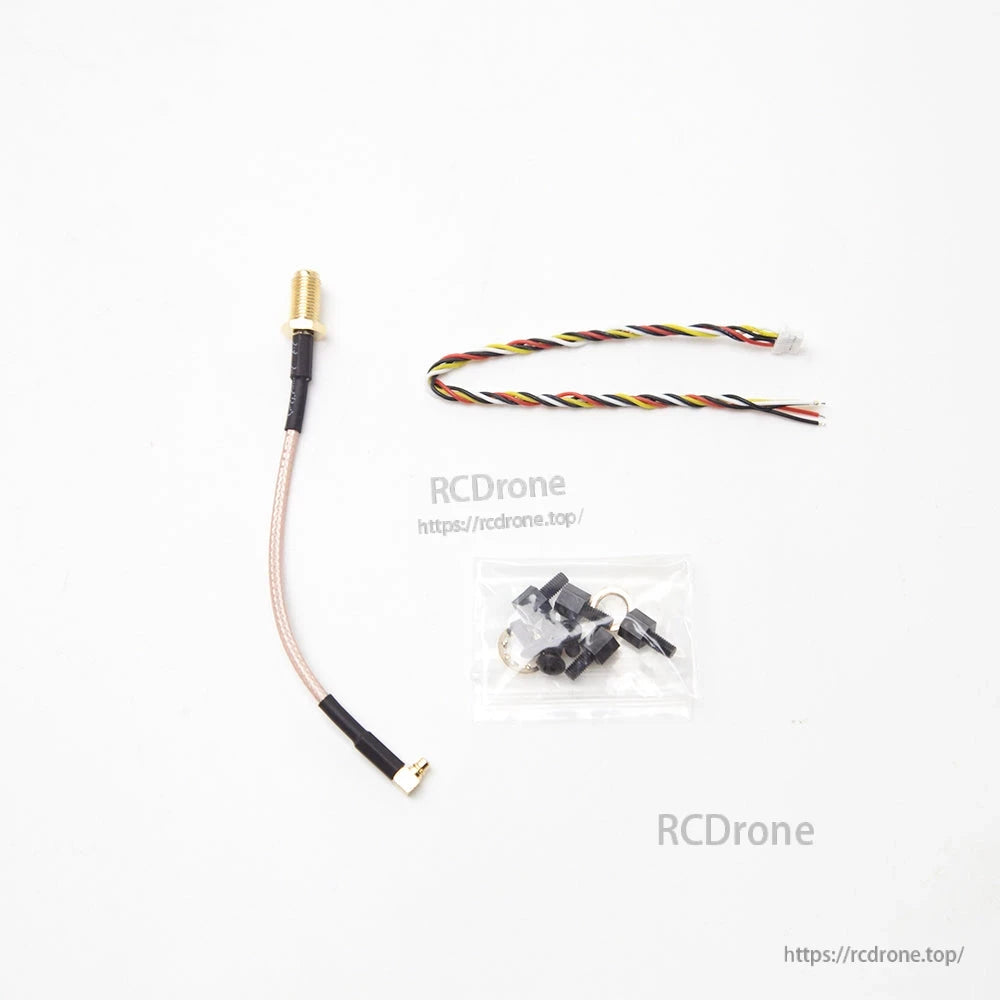 SKYZONE VT5850 CNC 6.2G VTX accessories: antenna pigtail cable, wiring harness, and mounting screws