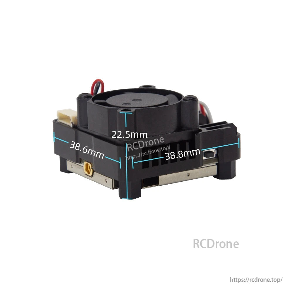 Angled view with printed dimensions for the VTX module, showing 38.6 mm x 38.8 mm footprint and 22.5 mm height