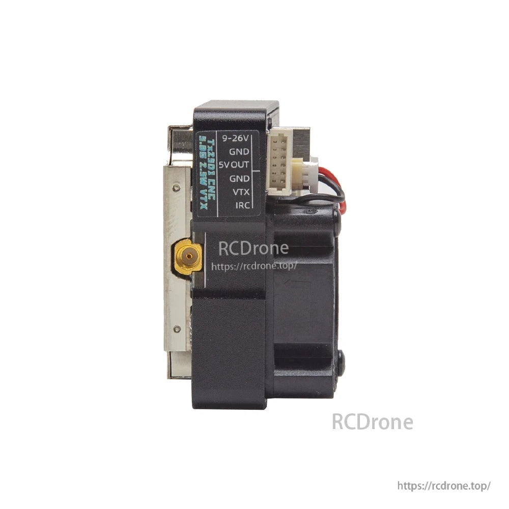 Side profile showing SMA connector and pin label legend: 9-26V, GND, 5VOUT, VTX, IRC