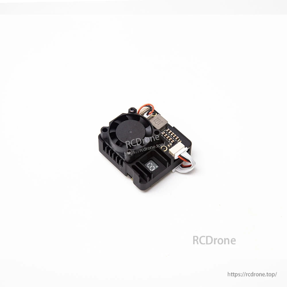 SKYZONE VT6550 CNC 6.5G 4W VTX top view showing fan, wiring plug, and built-in channel display