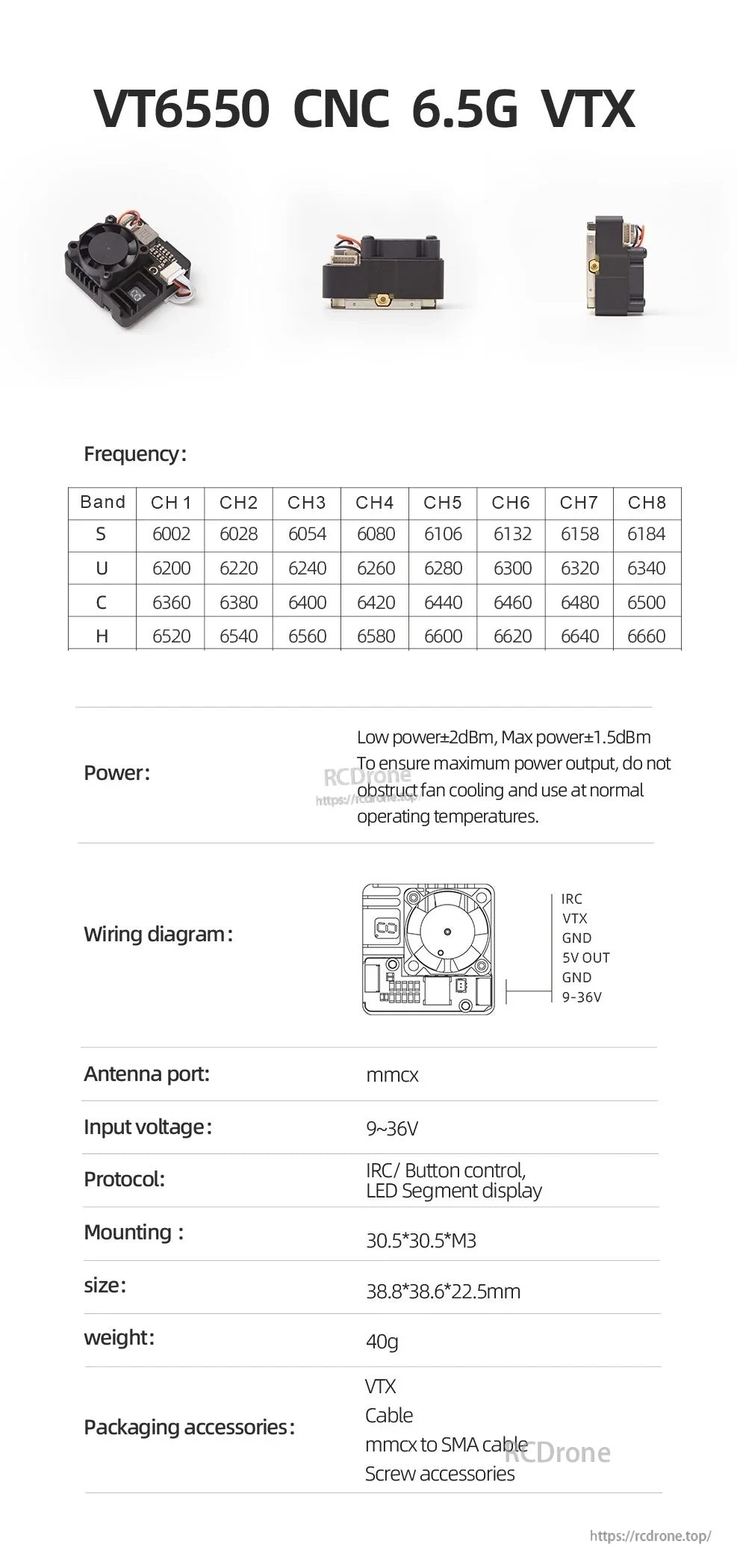 SKYZONE VT6550 CNC 6.5G 4W VTX views with frequency table and wiring pad labels (MMCX, 9–36V input)