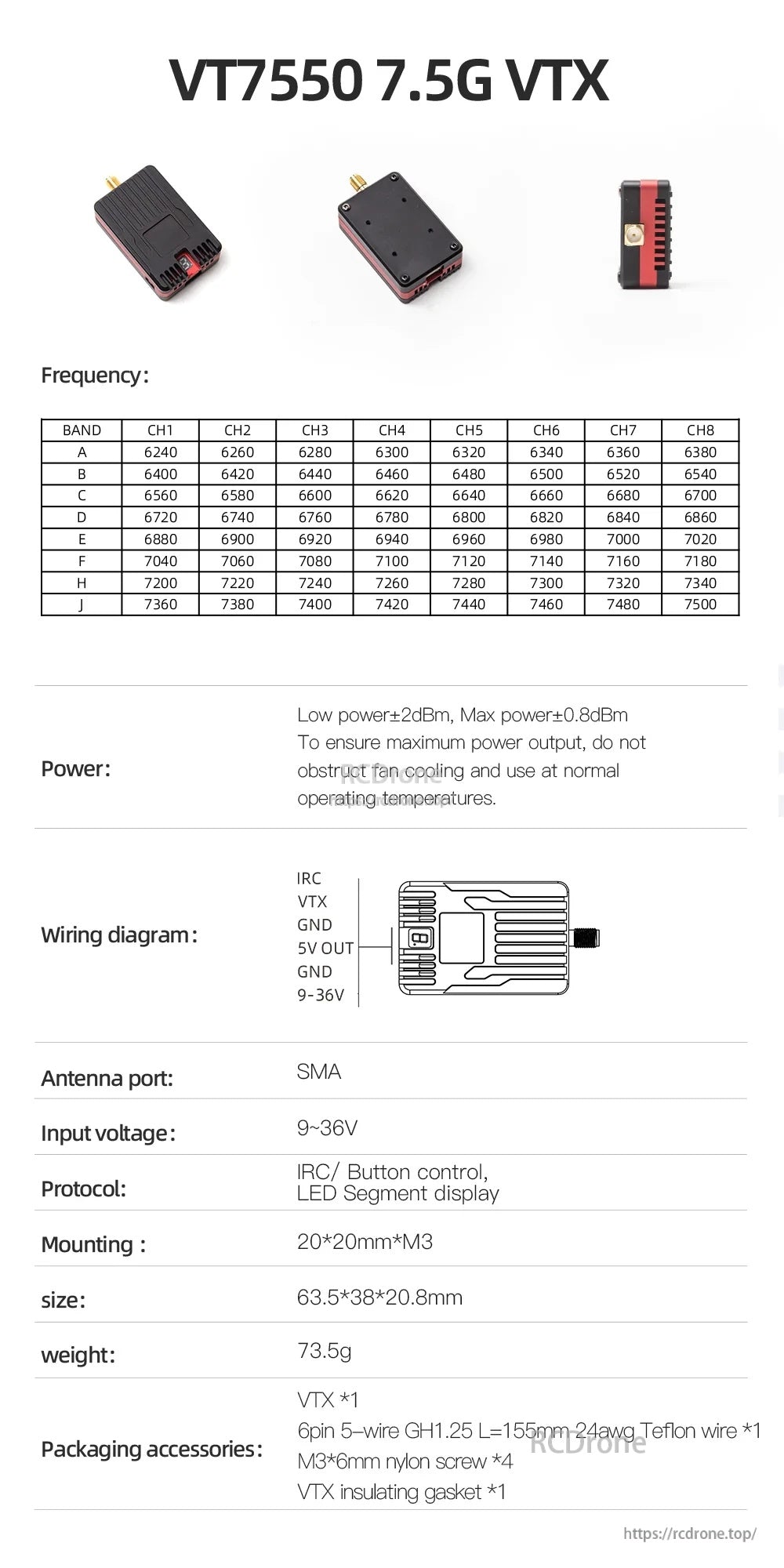 SKYZONE VT7550 7.5G VTX module views with frequency table, wiring pads, and key specs (SMA, 9–36V, 20x20mm)