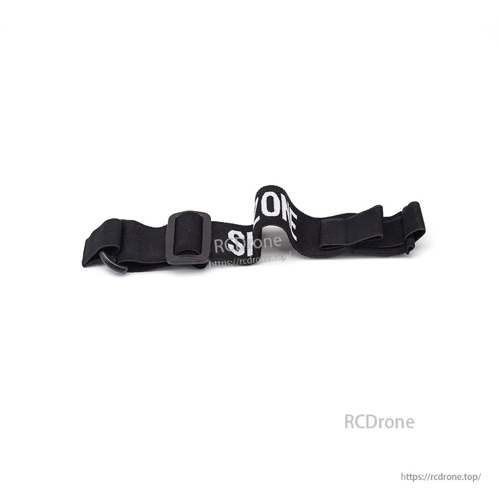 Side view of black elastic goggle strap showing buckle position and curved logo section