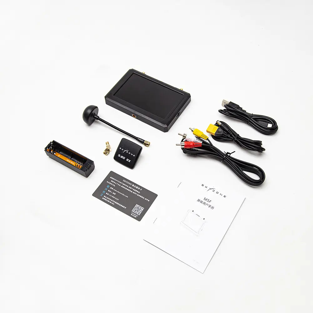 SKYZONE M5F FPV Monitor kit contents with antennas, 18650 battery tray, AV cables, and user manual