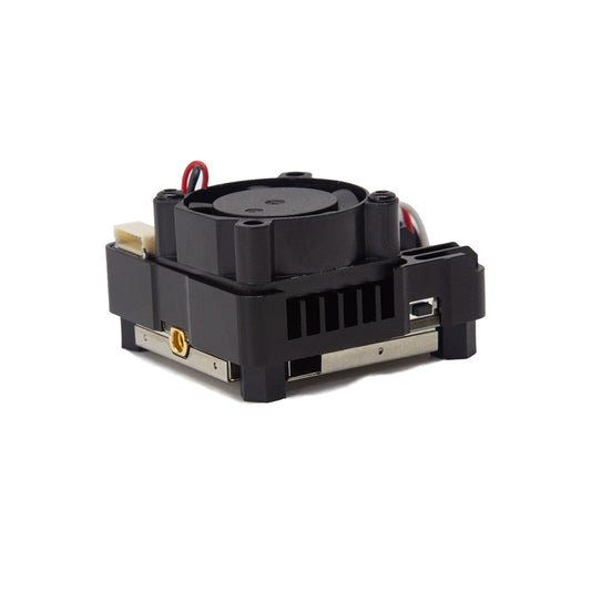 SKYZONE TX2501 CNC 5.8G VTX with cooling fan, angled view showing metal base and side port