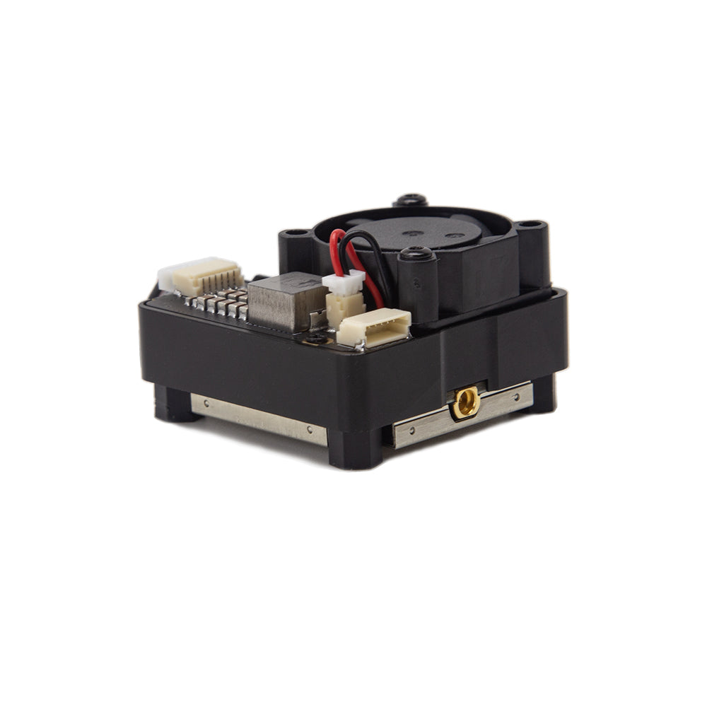 SKYZONE TX2501 CNC 6.2G 2.5W 64CH VTX angled view with cooling fan, wiring plugs and antenna port