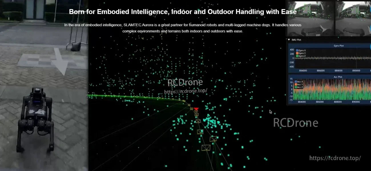 Indoor/outdoor mapping demo with quadruped robot footage beside real-time point-cloud visualization