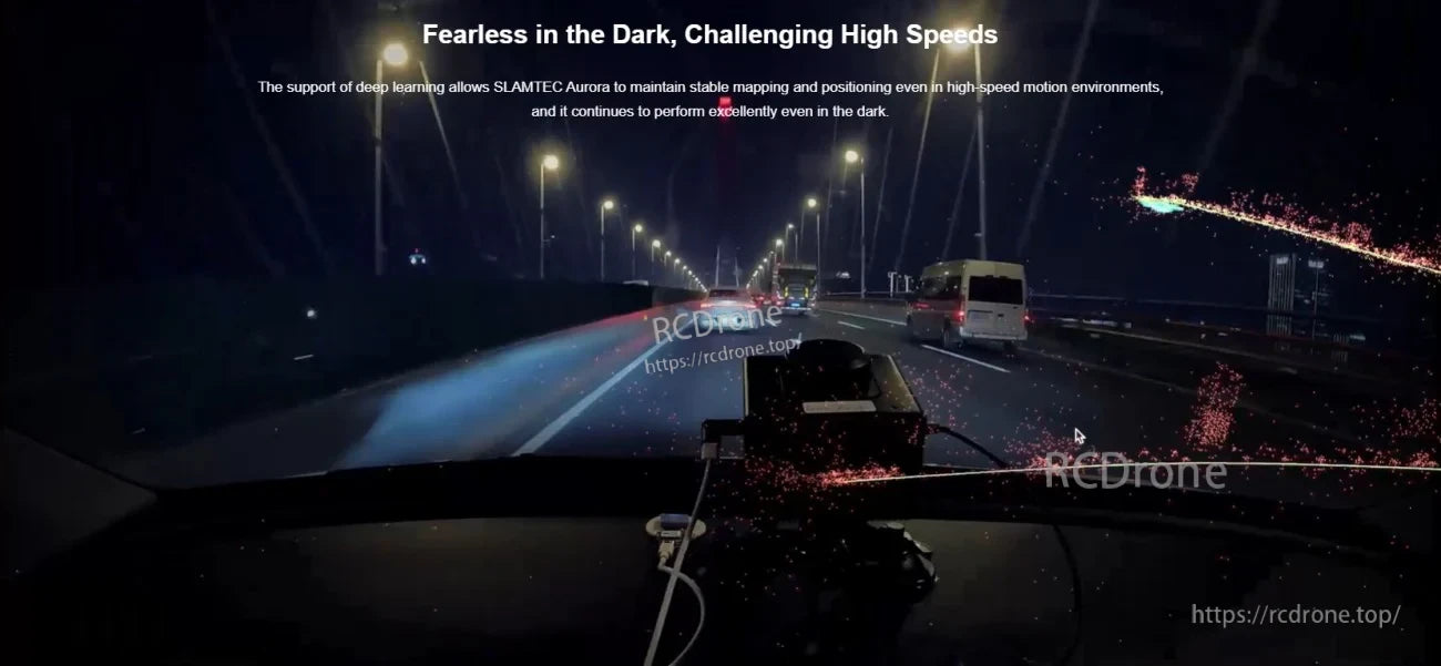 Night driving scene with mapping overlay, highlighting localization performance in dark and high-speed conditions