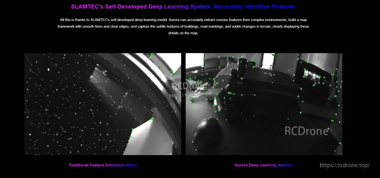 Deep-learning feature identification comparison with green feature points versus traditional feature extraction error