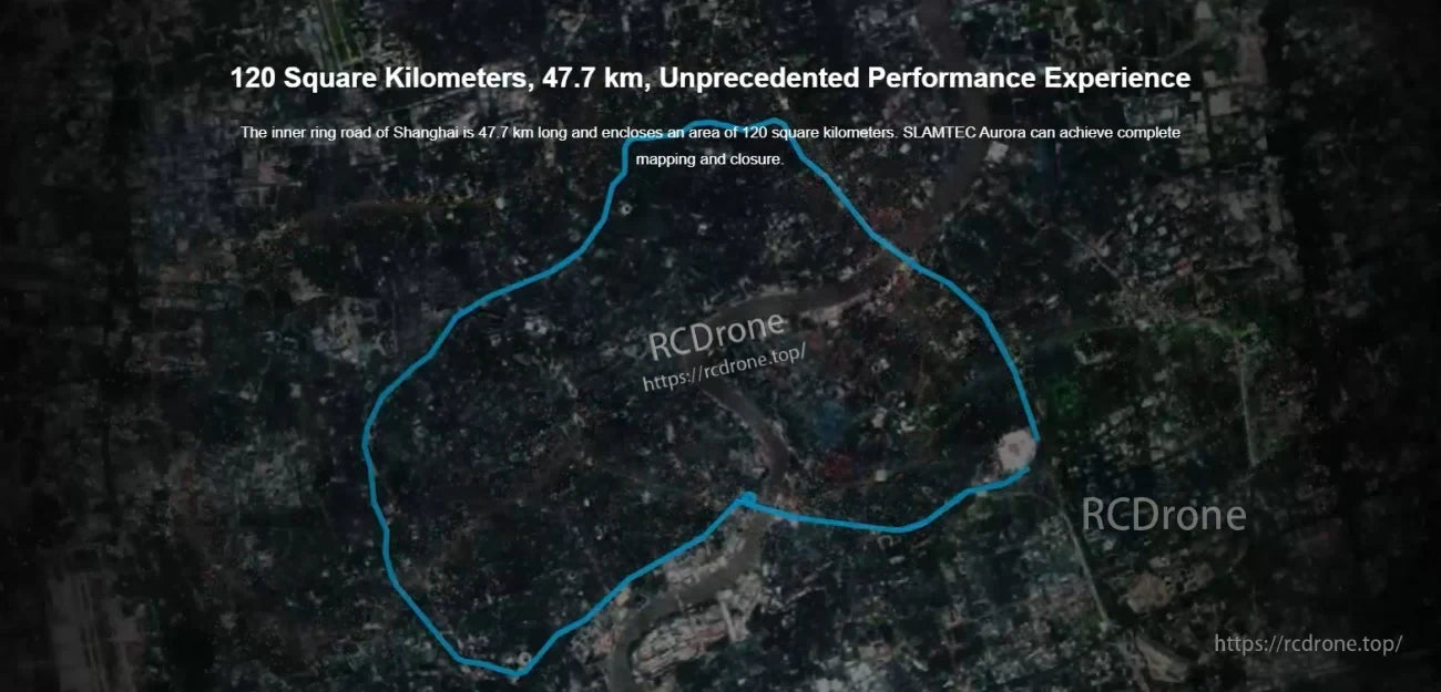 Satellite-style route map highlighting large-area mapping performance over 120 km² and 47.7 km track